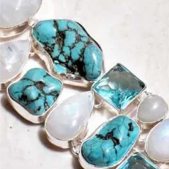 Gorgeous Tibetan Turquoise + Moonstone + Blue Topaz statement cuff bracelet - Picture 13 of 14